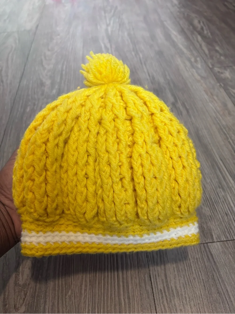 Cozy Yellow Knit Pom Hat for Kids with White Stripe